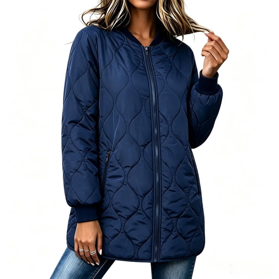 Vivianyo HD Women's Bomber Collar Long Quilted Jacket, Long Sleeve Lightweight Zip Up Winter Coat with Pockets, Sizes S-2XL