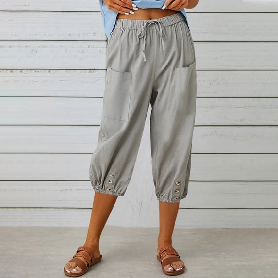 Vivianyo HD Women's Capri Pants for Summer Clearance Fashion Women Summer Casual Loose Bandage Button Pocket Solid Trousers Capris Pants