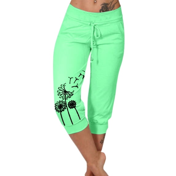 Vivianyo HD Women's Capri Pants for Summer Clearance Woman Fashion Drawstring Pockets Elastic Waist Printing Capris Pants