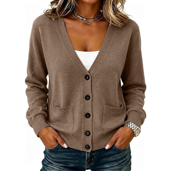 Vivianyo HD Women's Cardigan Sweater with V‑Neck, Long Sleeve Button Front Basic Fall Sweater For Women with Pockets, Sizes S-3XL