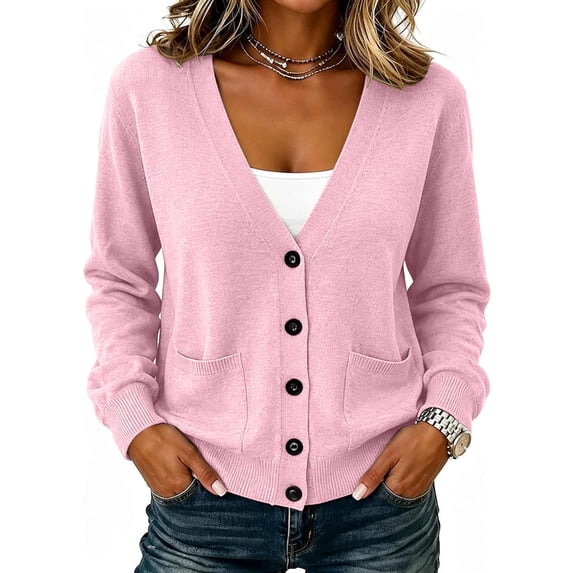 Vivianyo HD Women's Cardigan Sweater with V‑Neck, Long Sleeve Button Front Basic Fall Sweater For Women with Pockets, Sizes S-3XL
