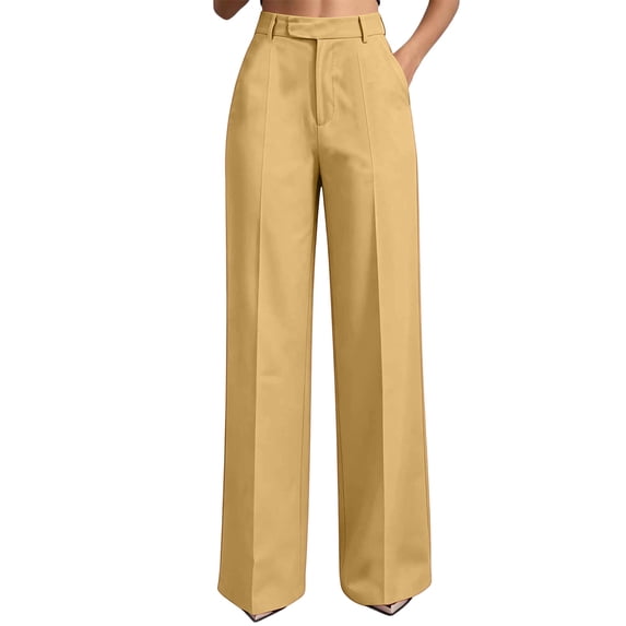 Vivianyo HD Women's Center Crease Suit Pants, Belt Loop High Waist Straight Wide Leg Work Trousers with Side Pockets for Women, Women's Yellow, Sizes S-3XL