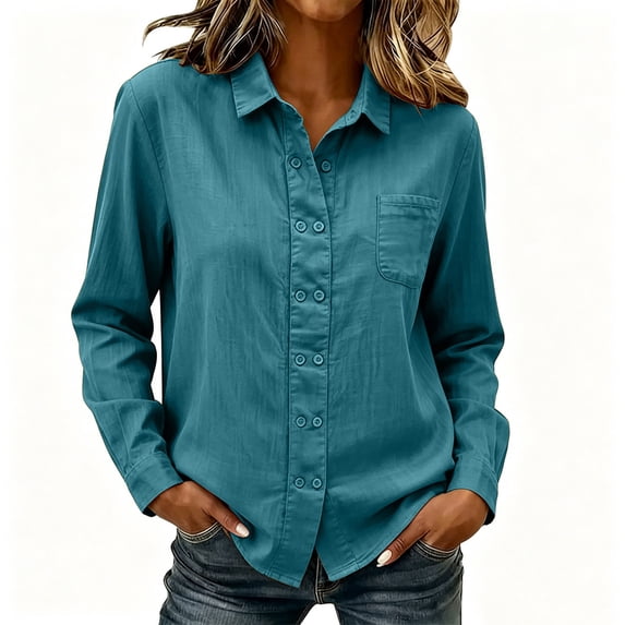 Vivianyo HD Women's Collar Button Down Shirts, Womens Fall Chest Pocket Straight Long Sleeve Solid Blouses, Women's Green, Sizes S-3XL