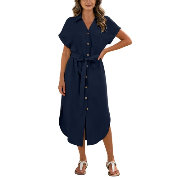 Vivianyo HD Women's Collar Full Button Belted Shirt Midi Dress, Solid Short Sleeve Self Tie Waist Split Hem Dresses for Women Summer Beach, Women's Navy, Sizes S-3XL