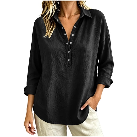 Vivianyo HD Women's Collared Half Button Popover Blouse, Fall Solid Long Sleeve Shirt for Women, Women's Black, Sizes S-3XL