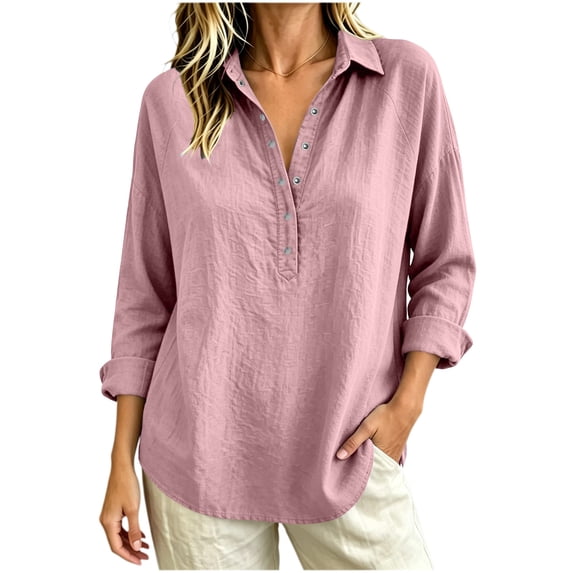 Vivianyo HD Women's Collared Half Button Popover Blouse, Fall Solid Long Sleeve Shirt for Women, Women's Pink, Sizes S-3XL