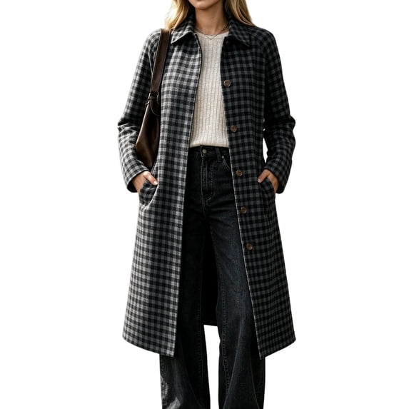 Vivianyo HD Women's Collared Plaid Wool Blend Jacket, Long Sleeve Button Down Long Coat, Sizes S-2XL