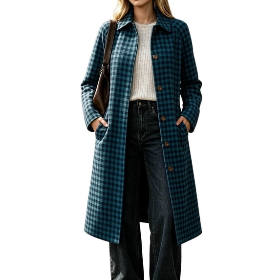Vivianyo HD Women's Collared Plaid Wool Blend Jacket, Long Sleeve Button Down Long Coat, Sizes S-2XL