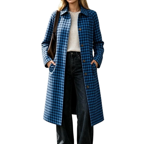 Vivianyo HD Women's Collared Plaid Wool Blend Jacket, Long Sleeve Button Down Long Coat, Sizes S-2XL