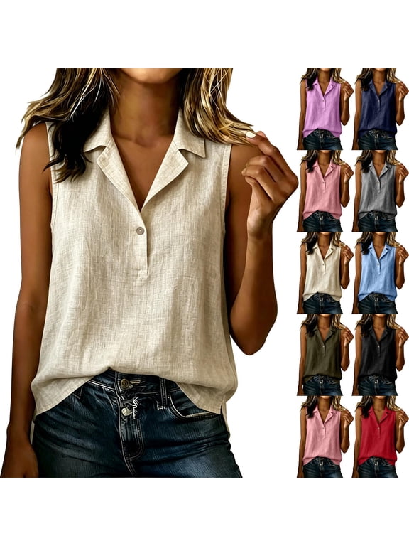 Women's Collared Sleeveless Shirt, Button Front V-Neck Relaxed Fit Casual Blouses for Everyday, Women's Army Green, Sizes S-2XL