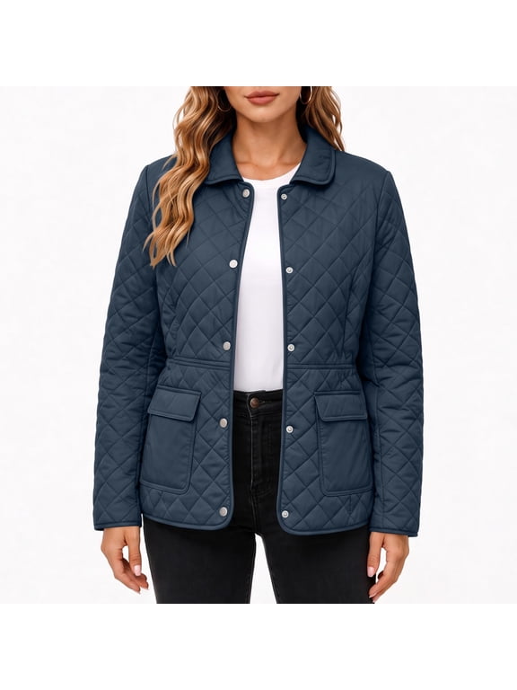 Women's Collared Waist Defined Quilted Jacket, Long Sleeve Button Down Coat with Patch Pockets, Sizes S-3XL