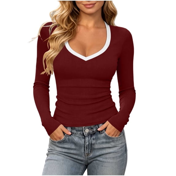 Vivianyo HD Women's Contrast Trim V Neck Ribbed Top, Fall Fitted Long Sleeve Knit Pullover for Women, Sizes S-2XL