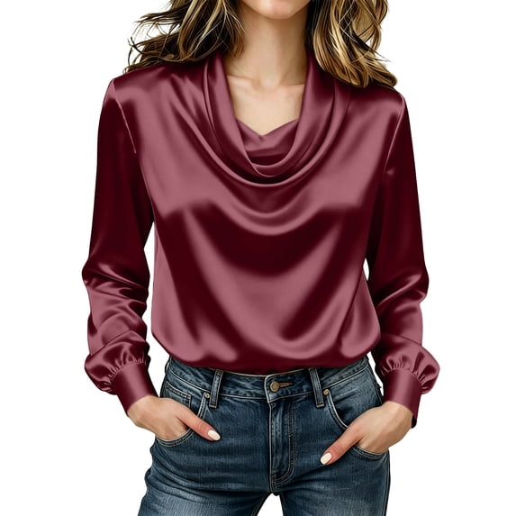 Vivianyo HD Women's Cowl Neck Satin Long Sleeve Tops, Loose Solid Pullover Casual Silky Blouses for Women, Women's Wine, Sizes S-3XL