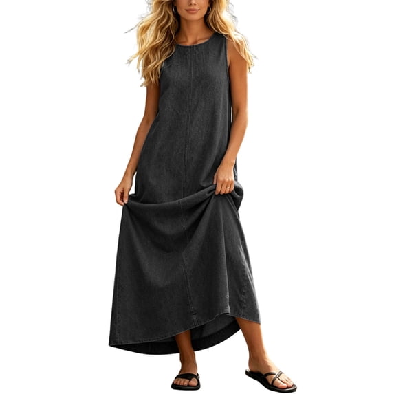 Vivianyo HD Women's Crew Neck Denim Maxi Dress, Sleeveless Loose Straight Casual Summer Long Dresses for Women Vacaton, Sizes S-5XL