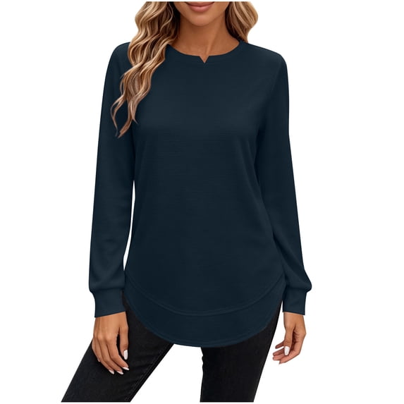 Vivianyo HD Women's Crew Neck Fall Tunic, Long Sleeve Curved Hem Top for Wome Casual Office and Daytime Wear, Sizes S-2XL