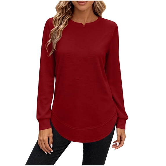 Vivianyo HD Women's Crew Neck Fall Tunic, Long Sleeve Curved Hem Top for Wome Casual Office and Daytime Wear, Sizes S-2XL