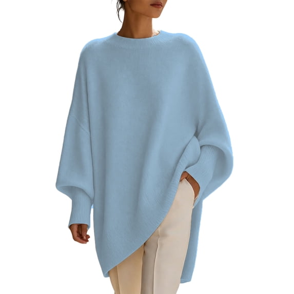 Vivianyo HD Women's Crew Neck Oversized Knit Tunic Sweater, Batwing Long Sleeve Loose Fit Pullover For Women, Fall Winter Longline Top for Brunch Meetings and City Walks, Size S-3XL