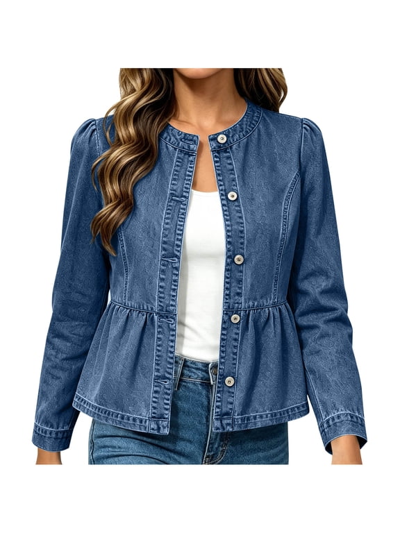 Women's Crew Neck Peplum Denim Jacket, Long Sleeve Button Front Cropped Jacket For Women, Tailored Outerwear for Spring Fall, Sizes S-2XL