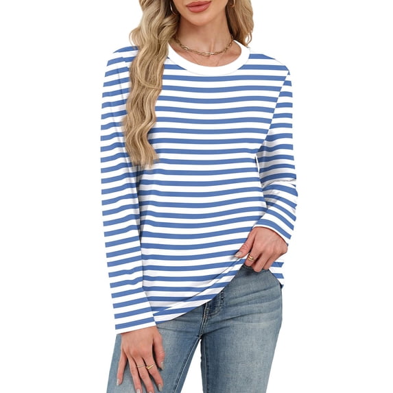Vivianyo HD Women's Crew Neck Striped Shirts, Womens Casual Loose Long Sleeve Shirt for Spring Fall, Sizes S-3XL