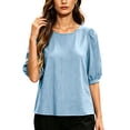 thumbnail image 1 of Vivianyo HD Women's Crew Neck Textured Blouse, Puff Short Sleeve Solid Loose Casual Summer Shirts for Women, Women's Blue, Sizes S-2XL, 1 of 5
