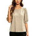 thumbnail image 1 of Vivianyo HD Women's Crew Neck Textured Blouse, Puff Short Sleeve Solid Loose Casual Summer Shirts for Women, Women's Khaki, Sizes S-2XL, 1 of 5