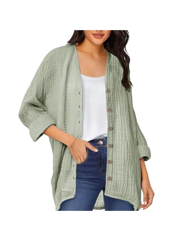 Women's Crinkle Gauze Cardigan, Button Front Roll Up Sleeve Mid Length Lightweight Outer Top for Beach Vacation Wear, Sizes S-2XL