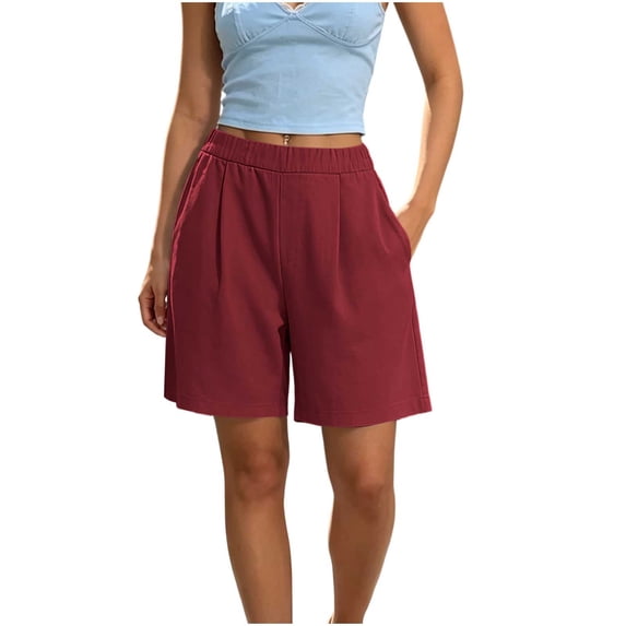 Vivianyo HD Women's Elastic Waist Pleated Knee Length Shorts, Straight Leg Solid Casual Mid Short Bottoms for Women, Women's Red, Sizes S-2XL