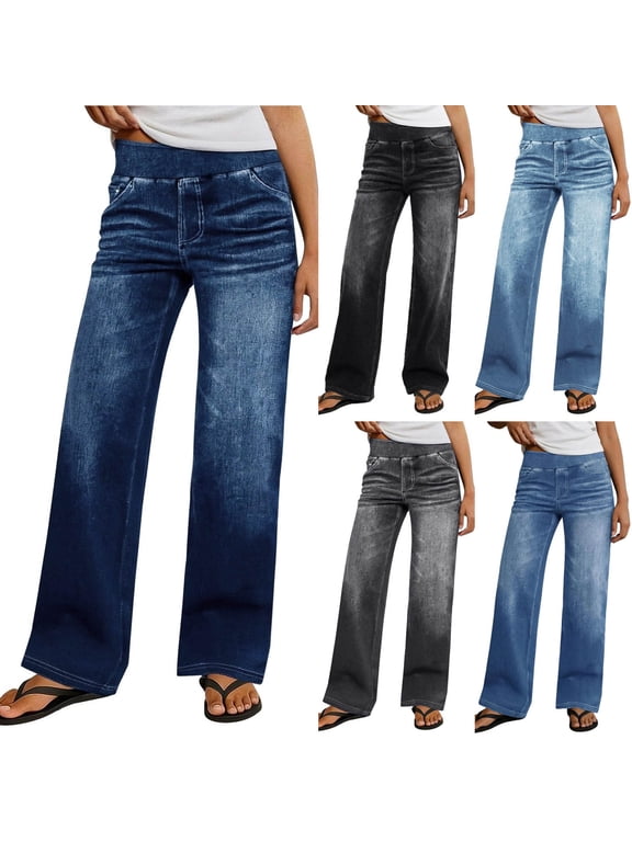 Women's Elastic Waist Straight Leg Jeans, High Waist Pull-On Denim Pants with Pockets, Women's Blue, Sizes S-2XL
