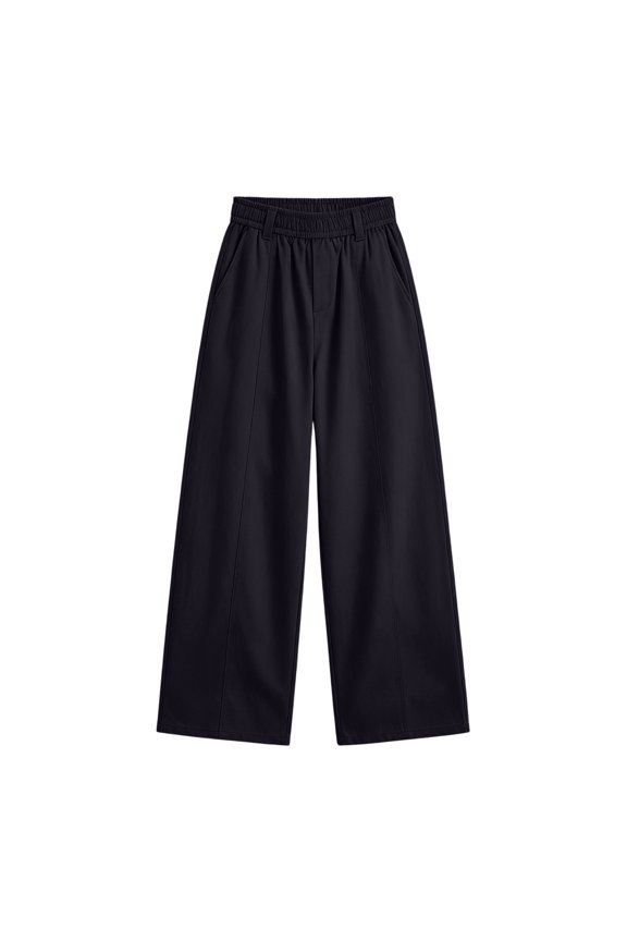 Women's Fall Belt Loop Woven Trousers, Elastic Waist Vertical Seam Full Wide Leg Bottoms with Side Pockets for Women, Women's Black, Sizes S-XL
