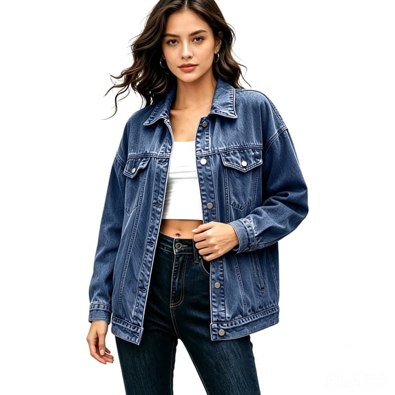 Vivianyo HD Women's Fall Oversized Denim Jacket, Point Collar Button Down Long Sleeve Chest Pocket Casual Outer Coat for Women, Sizes S-2XL