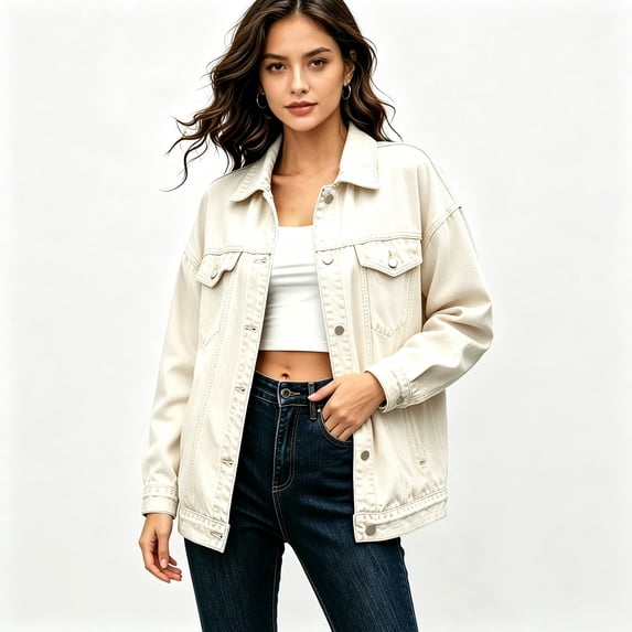Vivianyo HD Women's Fall Oversized Denim Jacket, Point Collar Button Down Long Sleeve Chest Pocket Casual Outer Coat for Women, Sizes S-2XL