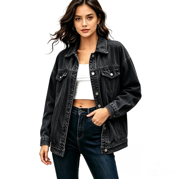 Vivianyo HD Women's Fall Oversized Denim Jacket, Point Collar Button Down Long Sleeve Chest Pocket Casual Outer Coat for Women, Sizes S-2XL