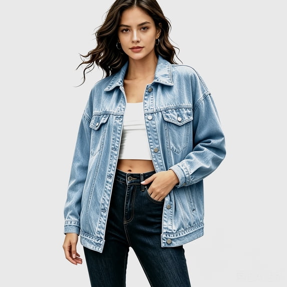 Vivianyo HD Women's Fall Oversized Denim Jacket, Point Collar Button Down Long Sleeve Chest Pocket Casual Outer Coat for Women, Sizes S-2XL
