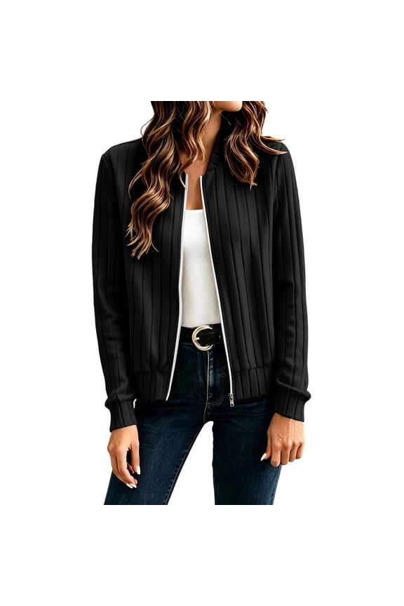 Women's Fall Vertical Rib Knit Bomber Jacket, Stand Collar Full Zip Long Sleeve Solid Knit Casual Outer Top for Women, Sizes S-2XL