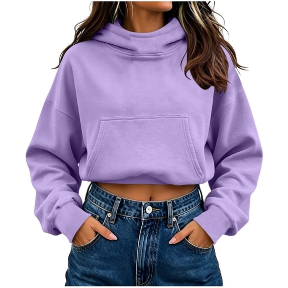 Vivianyo HD Women's Fall Winter Ultra Casual Cropped Hoodie, Drop Shoulder Long Sleeve Crop Tops Front Pocket Solid Pullover Sweatshirt for Women, Women's Purple Hoodie, Sizes S-2XL