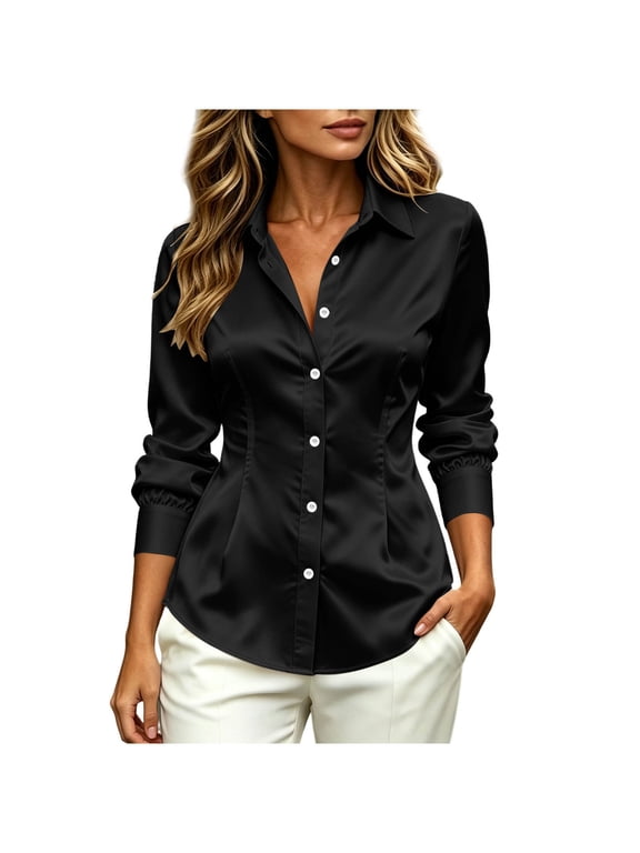 Women's Fitted Satin Button Down Shirt,Curved Hem Long Sleeve Blouse For Women,Spring Silky Tunic for Business Meetings and Party Outings, Sizes S-2XL