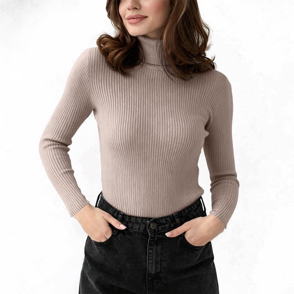 Vivianyo HD Women's Fitted Turtleneck Rib Knit Pullover Sweater, Fall Winter Slim Stretch Long Sleeve Top for Women Office Layering Daily Wear, Free Size