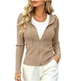 thumbnail image 1 of Vivianyo HD Women's Fitted Zip Up Hooded Knit Cardigans, Drawstring Long Sleeve Soft Loungewear Outer Tops With Side Pockets for Women, Women's Khaki, Sizes S-2XL, 1 of 7