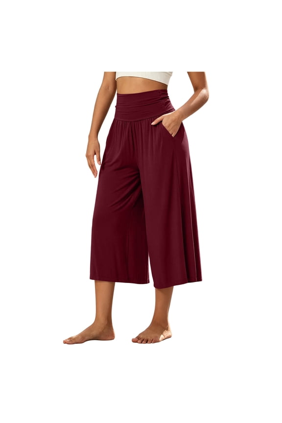 Women's Fold Over Waist Knit Loungewear Culotte Pants, Casual Elastic High Waist Cropped Wide Leg Capris with Side Pockets for Women, Women's Wine, Sizes S-2XL