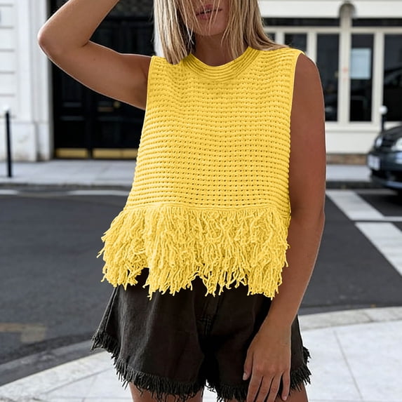 Vivianyo HD Women's Fringe Hem Hollow Knit Sleeveless Tank Top, Boho Crochet Casual Crop Vest Top, Women's Yellow, Sizes S-2XL