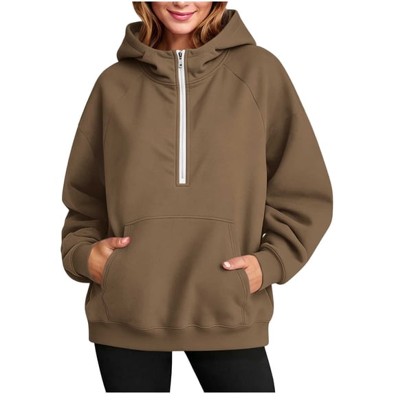 Vivianyo HD Women's Half Zip Hooded Sweatshirt, Roomy Long Sleeve Pullover with Pockets, Fall Warm Fleece Hoodie for Weekend Walks and Home Lounging, Sizes S-2XL