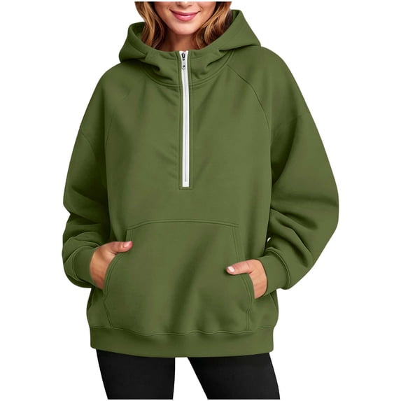 Vivianyo HD Women's Half Zip Hooded Sweatshirt, Roomy Long Sleeve Pullover with Pockets, Fall Warm Fleece Hoodie for Weekend Walks and Home Lounging, Sizes S-2XL