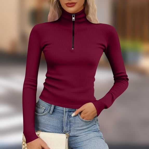Vivianyo HD Women's Half-Zip Ribbed Turtleneck Top,Long Sleeve Slim Fit Casual Knit SweaterWine,Size S-XXXXXL