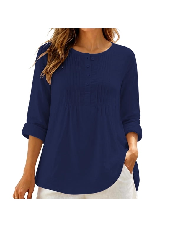 Women's Henley Neck Pintuck Blouse, Roll Tab Long Sleeve Womens Fall Tunic Top for Casual Wear, Sizes S-2XL