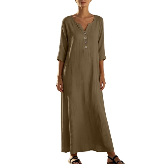 Vivianyo HD Women's Henley V Neck Caftan Maxi Dresses, 3/4 Sleeve Loose Casual Solid Long Dresses for Women, Women's Coffee, Sizes S-2XL