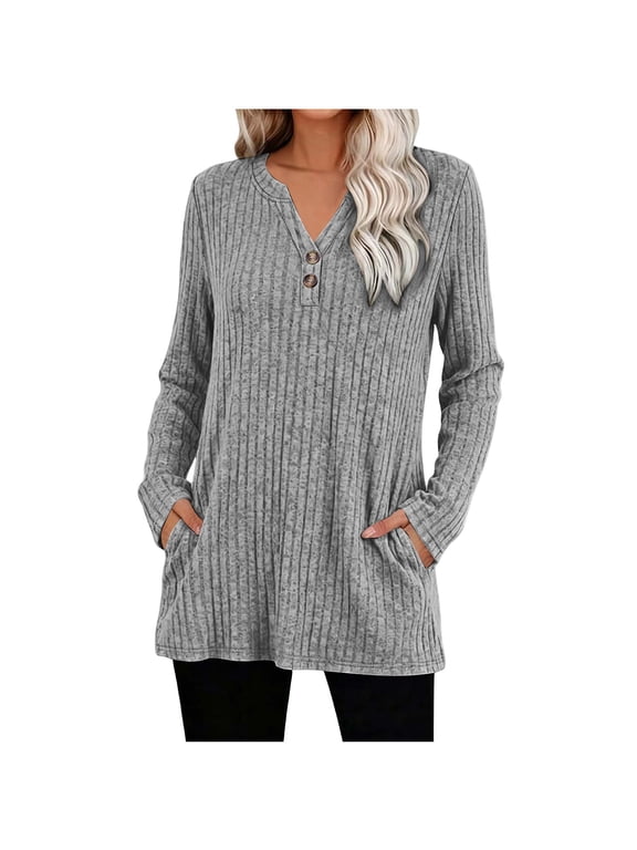 Women's Henley V Neck Tunic Top with Pockets, Long Sleeve Blouse For Women with Button Detail, Fall Casual Shirt for Daily Shopping and Family Time, Sizes S-2XL