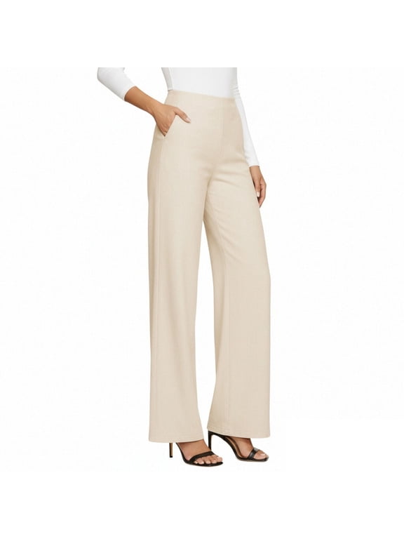Women's High Waist Wide Leg Business Dress Pants, Casual Straight Leg Work Trousers with Pockets, Women's Beige, Sizes S-3XL
