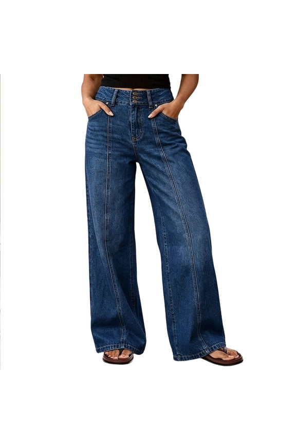 Women's High Waist Wide Leg Jeans, Vertical Seam Dark Multi-Button Wash Denim Pants with Pockets, Women's Black,Blue,Light Blue, Sizes S-2XL