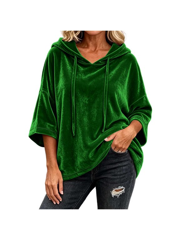 Women's Hooded Velour Poncho Style Top, 3/4 Wide Sleeve Loose Pullover For Women, Sizes S-2XL