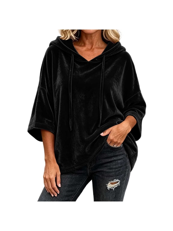 Women's Hooded Velour Poncho Style Top, 3/4 Wide Sleeve Loose Pullover For Women, Sizes S-2XL